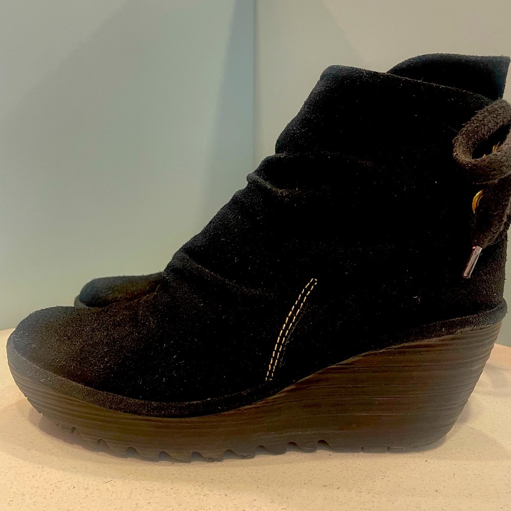 Fly London Yama Suede Wedge Boots Leather Lace Up Ankle Booties Black 39